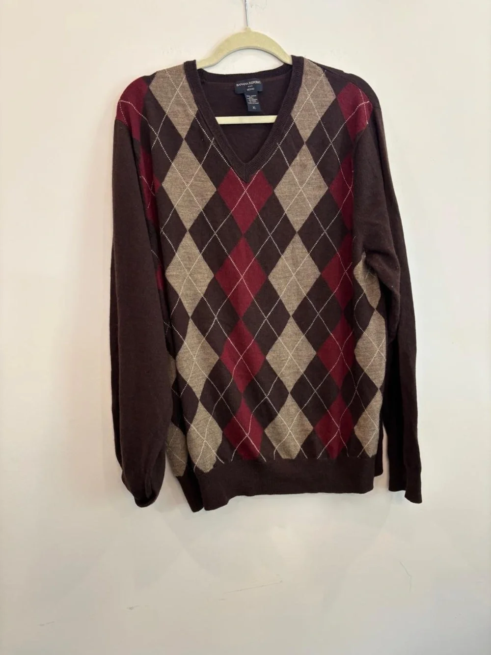 Banana Republic Argyle Merino Wool Sweater V-Neck Brown Plaid Men XL #E04A